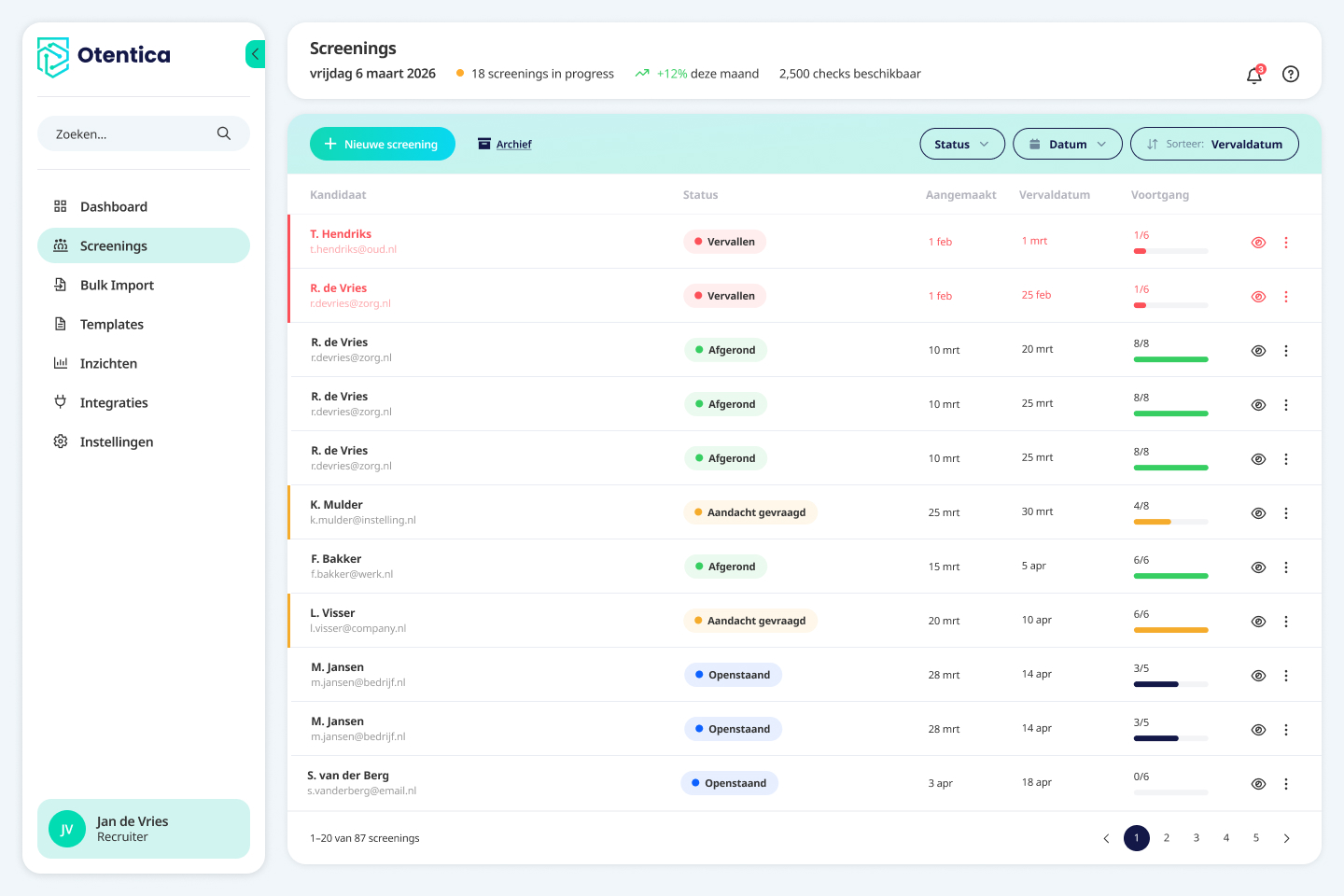 Screeninginterface van Otentica. Ontwerp uit het project.